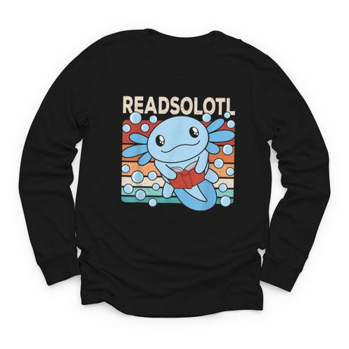 Readsolotl Blue Kawaii Axolotl Book Lover Reading Retro Youth Long Sleeve Tee - Bookorys AU