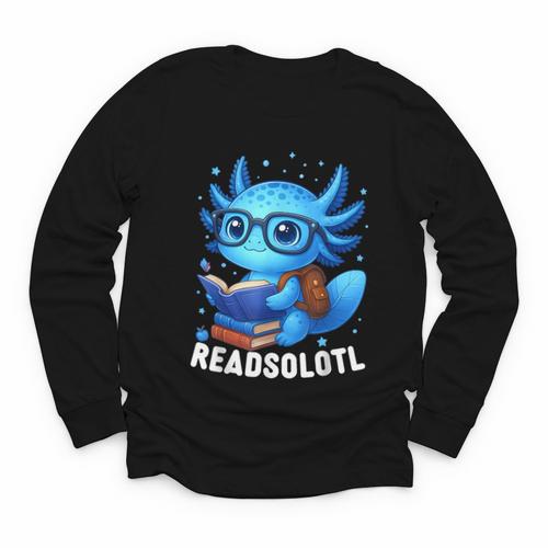 Readsolotl Blue Kawaii Axolotl Book Lover Reading Youth Long Sleeve Tee - Bookorys CA