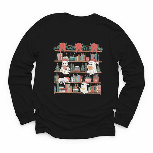Retro Ghost Reading Book Teacher Librarian Bookish Christmas Youth Long Sleeve Tee - Bookorys