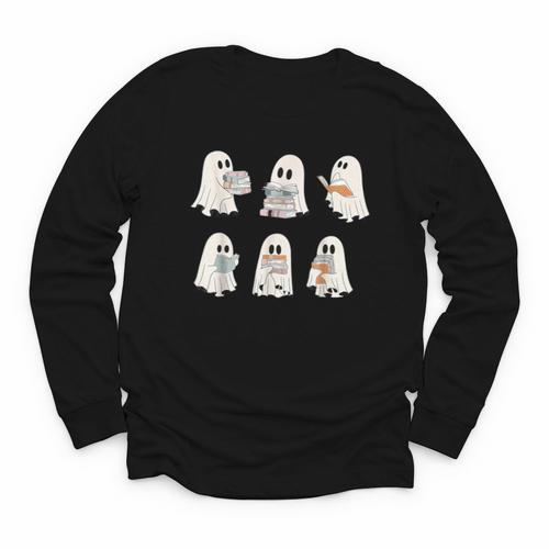 Retro Ghost Reading Books Halloween Bookish Ghost Bookworm Youth Long Sleeve Tee - Bookorys DE