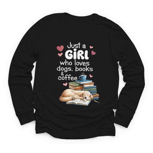 Retro Just A Girl Who Love Dogs Books And Coffee Bookworm Youth Long Sleeve Tee - Bookorys