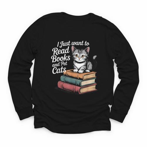 Retro I Just Want To Read Books And Pet Cats Cat For Men Women Kids Youth Long Sleeve Tee - Bookorys AU