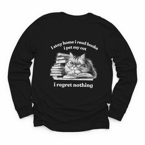 Retro I Stay Home I Read Books I Pet My Cat I Regret Nothing Youth Long Sleeve Tee - Bookorys AU