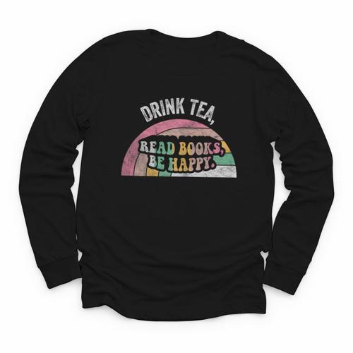 Retro Vintage Drink Tea Read Books Be Happy Reading Youth Long Sleeve Tee - Bookorys