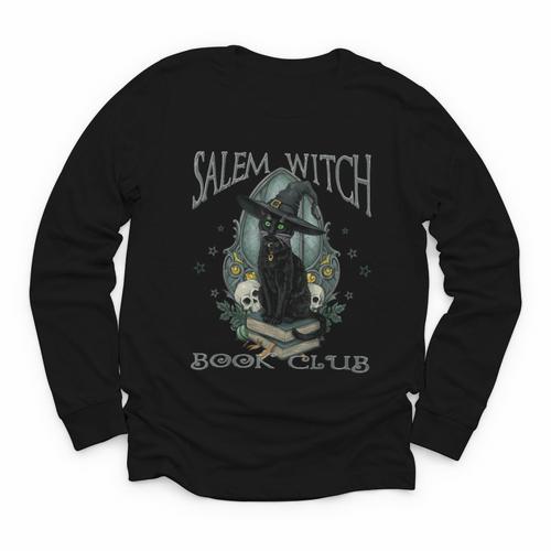 Salem Witch Book Club Cat Reading Witchy Halloween Men Youth Long Sleeve Tee - Bookorys