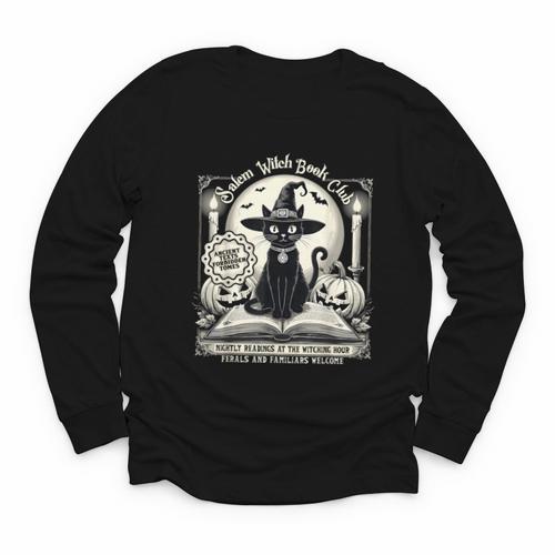 Salem Witch Book Club Vintage Halloween Cat Book Lover Youth Long Sleeve Tee - Bookorys