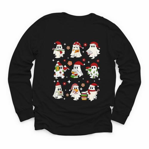 Santa Ghost Reading Books Christmas Library Teacher Youth Long Sleeve Tee - Bookorys