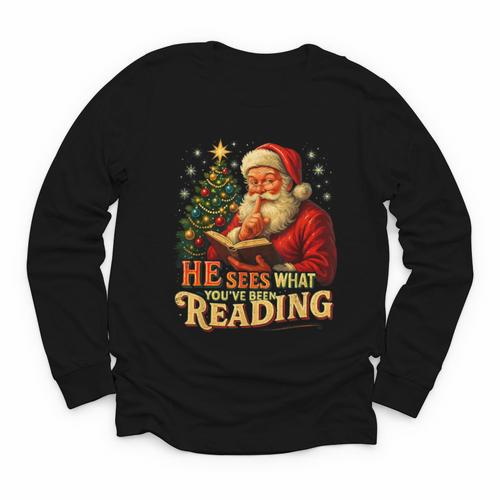 He Sees What You’Ve Been Reading Santa Book Lover Christmas Youth Long Sleeve Tee - Bookorys CA