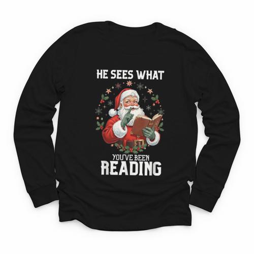 He Sees What You'Ve Been Reading Santa Book Lover Youth Long Sleeve Tee - Bookorys CA