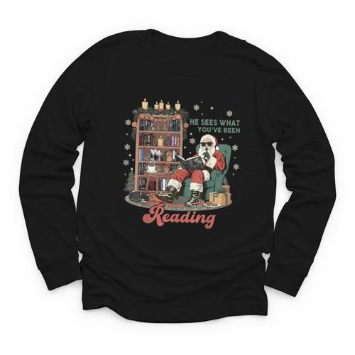 He Sees What You'Ve Been Reading Santa Christmas Bookish Youth Long Sleeve Tee - Bookorys CA