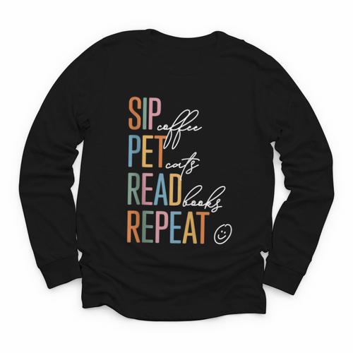 Sip Coffee Pet Cats Read Books Repeat Book Cat Lover Youth Long Sleeve Tee - Bookorys DE