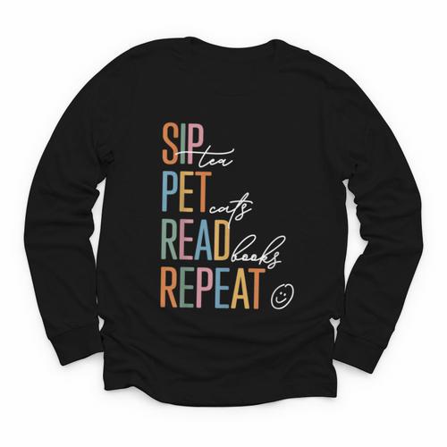 Sip Tea Pet Cats Read Books Repeat Book Cat Lover Youth Long Sleeve Tee - Bookorys