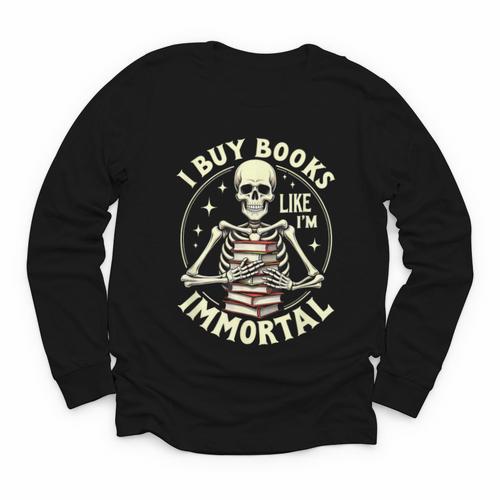 Skeleton I Buy Books Like I'm Immortal Halloween Youth Long Sleeve Tee - Bookorys CA