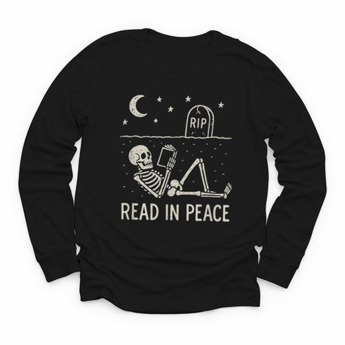 Skeleton Read In Peace Halloween Book Graphic Bookish Youth Long Sleeve Tee - Bookorys