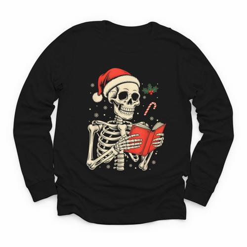 Skeleton Reading Book Christmas Teacher Librarian Book Lover Youth Long Sleeve Tee - Bookorys DE