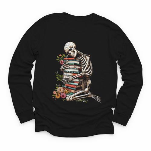 Skeleton Reading Book Halloween Bookworm Bibliophile Reader Youth Long Sleeve Tee - Bookorys DE