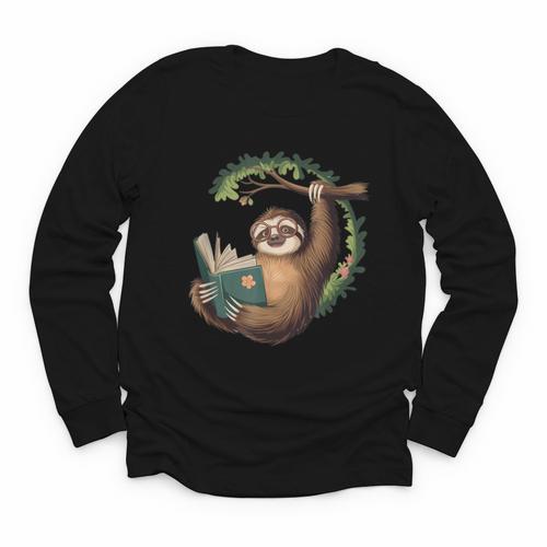 Sloth Reading a Book Lazy Sloth Bookworm Youth Long Sleeve Tee - Bookorys