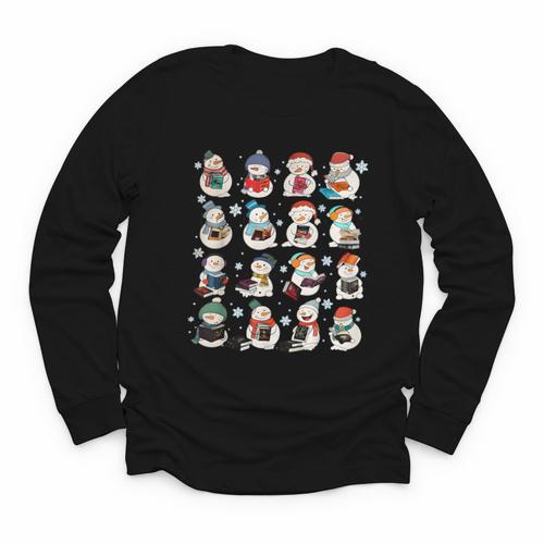 Snowman Reading Book Christmas Cozy Book Lover Bookish Youth Long Sleeve Tee - Bookorys