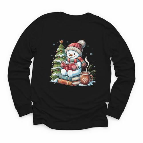 Snowman Reading Book Lovers Christmas Librarian Bookworm Youth Long Sleeve Tee - Bookorys