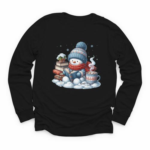 Snowman Reading Books Lovers Librarian Bookworm Christmas Youth Long Sleeve Tee - Bookorys