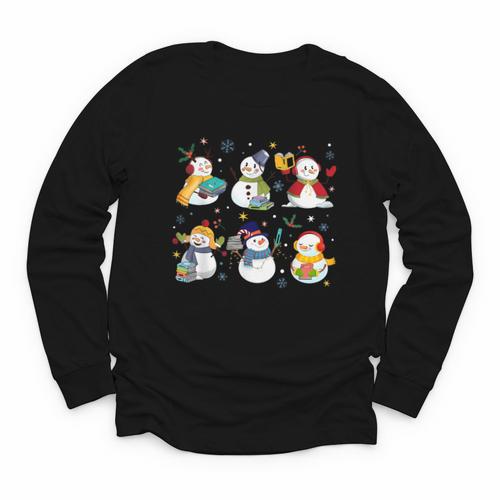Snowman Reading Books Teacher Christmas Librarian Bookworm Youth Long Sleeve Tee - Bookorys