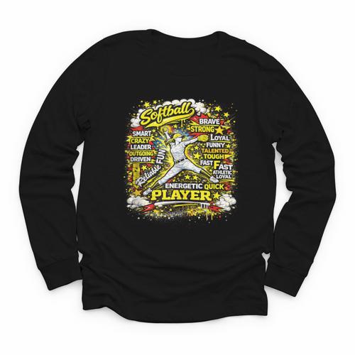 Softball Pitcher Best Traits Brave Retro Pop Comic Book Art Youth Long Sleeve Tee - Bookorys UK