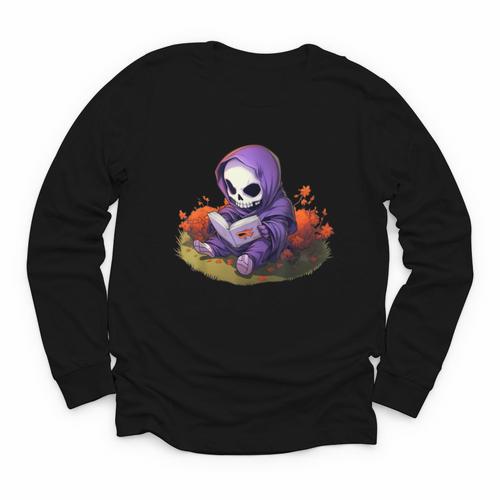 Spooky Grim Reaper Reading A Book Cute Creepy Halloween Youth Long Sleeve Tee - Bookorys