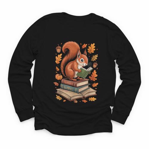 Squirrel Reading Book Lovers Fall Leaves Library Books Youth Long Sleeve Tee - Bookorys CA