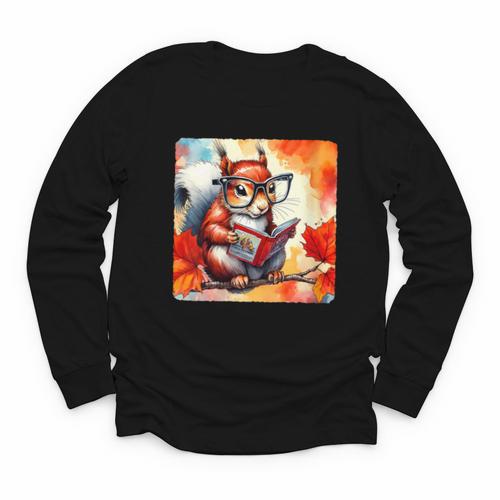 Squirrel Reading Comic Book On Autumn Branch Glasses Leaves Youth Long Sleeve Tee - Bookorys DE