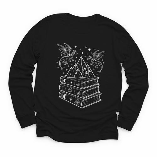 Stack Of Books And Dragons Bookworm Fantasy Books Lover Youth Long Sleeve Tee - Bookorys