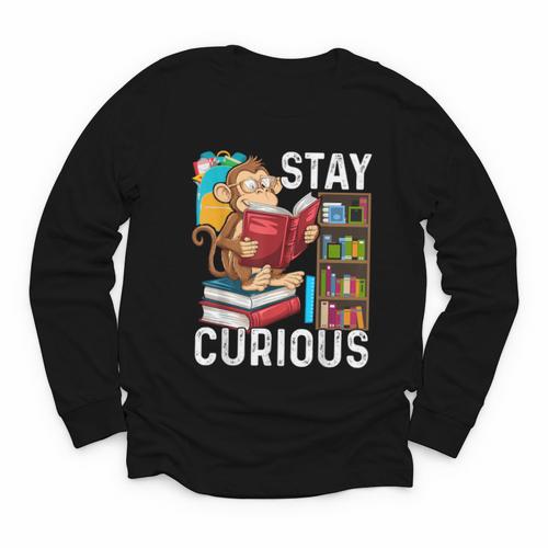 Stay Curious Monkey Reading Book Lover Bookworm Youth Long Sleeve Tee - Bookorys AU