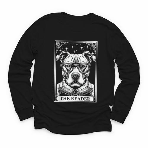Tarot Card Vintage Pit Bull Pittie Dog Book Lover The Reader Youth Long Sleeve Tee - Bookorys