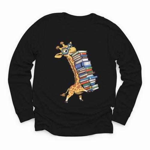 Teacher Shirt Giraffe Holding Books Bookworm Librarian Youth Long Sleeve Tee - Bookorys