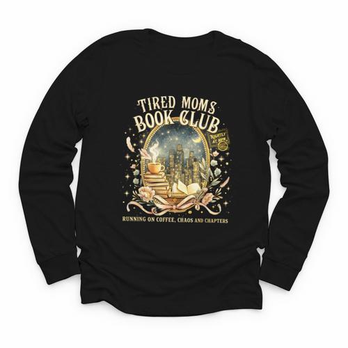 Tired Moms Book Club Cozy Night Coffee Reading Cat Youth Long Sleeve Tee - Bookorys AU