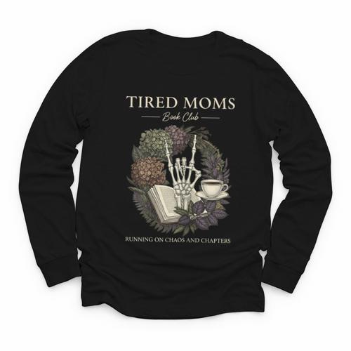Tired Moms Book Club Dark Floral Coffee Skeleton Youth Long Sleeve Tee - Bookorys CA