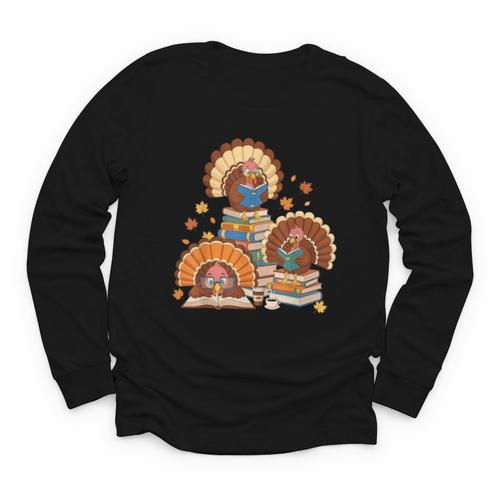 Turkey Read Books Reading Fall Thanksgiving Teacher Youth Long Sleeve Tee - Bookorys