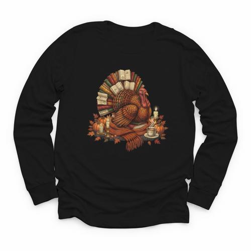 Turkey Reading Books Fall Season Thanksgiving Teacher Book Youth Long Sleeve Tee - Bookorys UK