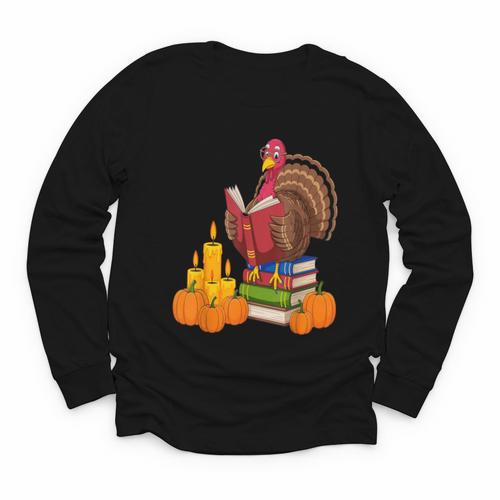 Turkey Reading Books Fall Thanksgiving Teacher Book Youth Long Sleeve Tee - Bookorys UK