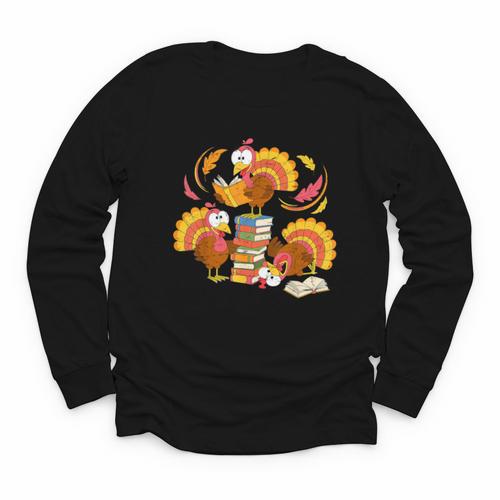 Turkey Reading Books Fall Thanksgiving Teacher Librarian Youth Long Sleeve Tee - Bookorys DE