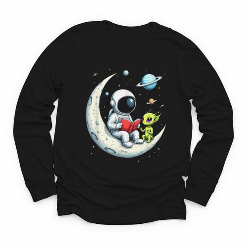 UFO Alien Astronaut Reading Book In Space Youth Long Sleeve Tee - Bookorys CA