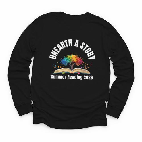 Unearth a Story 2026 Summer Reading Program Tree Book Youth Long Sleeve Tee - Bookorys