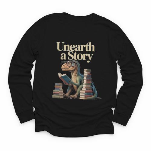 Unearth A Story Dinosaur Reading a Library Book Youth Long Sleeve Tee - Bookorys