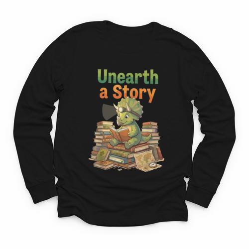 Unearth a Story Triceratops Dinosaur Reading Books Cute Dino Youth Long Sleeve Tee - Bookorys
