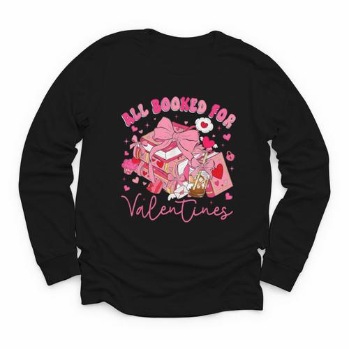 Valentine All Booked Book Coffee Coquette Bow Girl Women Youth Long Sleeve Tee - Bookorys