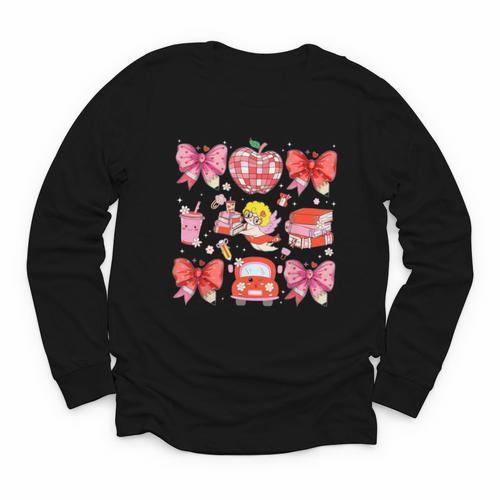 Valentine Cupid Coquette Pink Bow Apple Books Teacher Youth Long Sleeve Tee - Bookorys AU