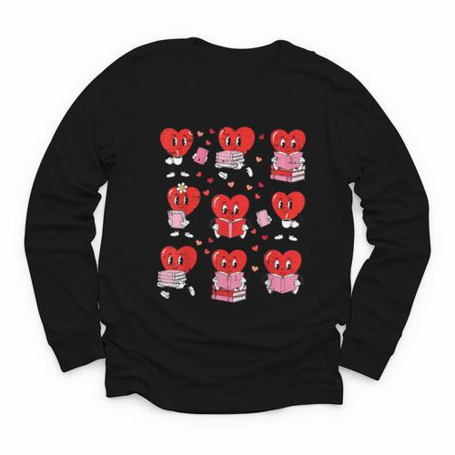 Valentines Day Librarian Heart Reading Book Women Men Kids Youth Long Sleeve Tee - Bookorys