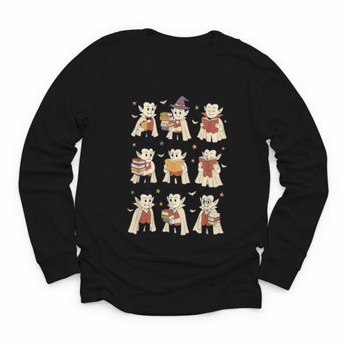 Vampire Reading Books Halloween Cute Teens Kids Youth Long Sleeve Tee - Bookorys CA