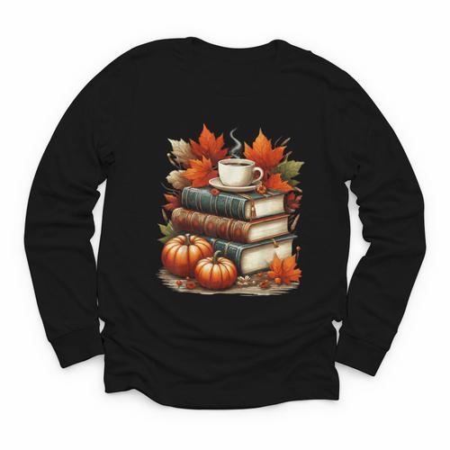 Vintage Autumn Books Coffee Pumpkin Fall Reading Youth Long Sleeve Tee - Bookorys