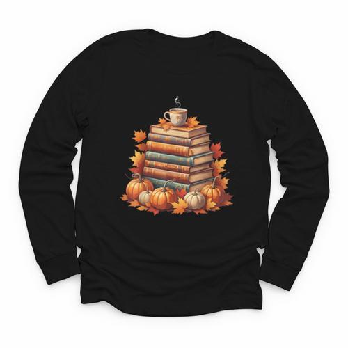 Vintage Autumn Books Pumpkin Coffee Book Lover Reading Youth Long Sleeve Tee - Bookorys