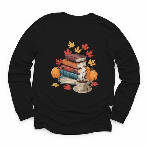 Vintage Books Tea Lovers Fall Autumn Leaves And Pumpkins Youth Long Sleeve Tee - Bookorys AU